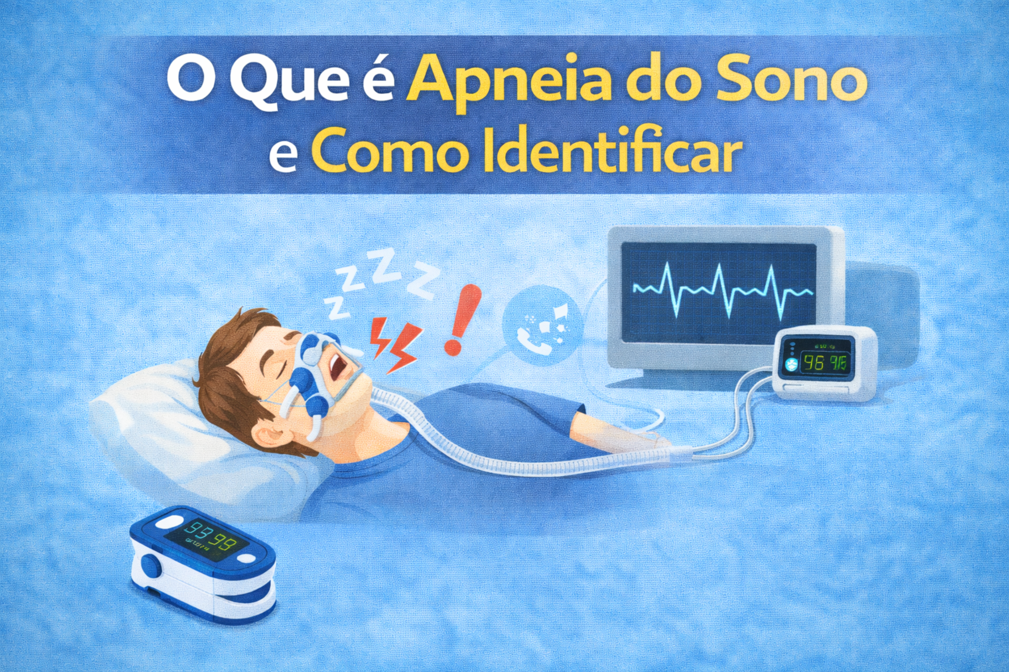 Ilustração de homem dormindo com máscara CPAP conectada a monitor cardíaco e oxímetro. A imagem destaca sinais da apneia do sono e mostra equipamentos usados para diagnóstico e acompanhamento durante o sono.