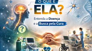 Arte informativa sobre ELA (Esclerose Lateral Amiotrófica), com ilustração do sistema nervoso, neurônios, equipamentos médicos e paciente hospitalizado. Aborda compreensão da doença, tratamento e pesquisas em busca da cura.