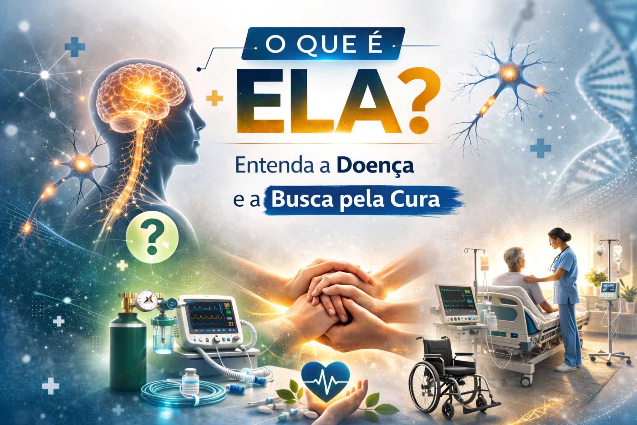 Arte informativa sobre ELA (Esclerose Lateral Amiotrófica), com ilustração do sistema nervoso, neurônios, equipamentos médicos e paciente hospitalizado. Aborda compreensão da doença, tratamento e pesquisas em busca da cura.