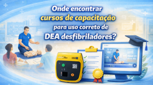 Imagem ilustrativa sobre onde encontrar cursos de capacitação para uso correto de DEA desfibrilador, com treinamento prático em manequim, certificação e opções presenciais ou online para empresas e profissionais da saúde.