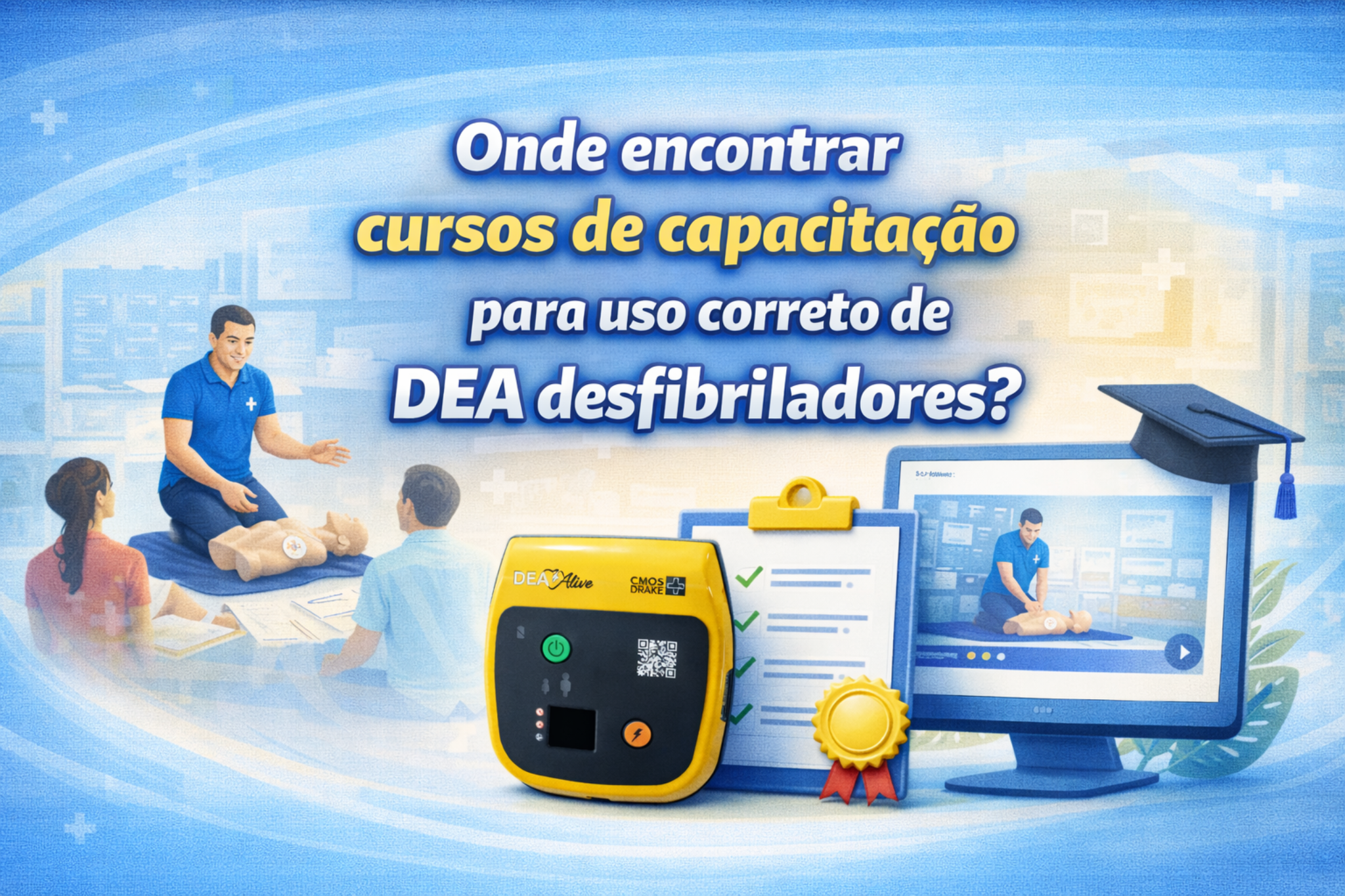 Imagem ilustrativa sobre onde encontrar cursos de capacitação para uso correto de DEA desfibrilador, com treinamento prático em manequim, certificação e opções presenciais ou online para empresas e profissionais da saúde.