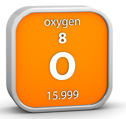 Representação do elemento químico oxigênio na tabela periódica, com símbolo O, número atômico 8 e massa atômica 15.999. Imagem indicada para conteúdos sobre química, propriedades do oxigênio, composição do ar, respiração e aplicações industriais e hospitalares.