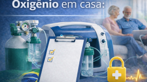 Imagem ilustrativa sobre oxigênio em casa, destacando concentrador e cilindro para oxigenoterapia domiciliar, com foco em segurança, monitoramento e uso adequado do suporte respiratório para pacientes com doenças pulmonares crônicas no Brasil.