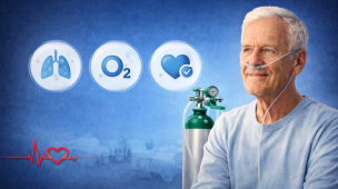 Imagem mostra idoso em oxigenoterapia domiciliar com cilindro de oxigênio e cânula nasal. Recurso indicado para suporte respiratório, tratamento de doenças pulmonares e melhora da oxigenação no atendimento home care.