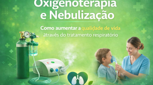 Imagem ilustrativa sobre oxigenoterapia e nebulização, com cilindro de oxigênio, nebulizador e profissional de saúde auxiliando criança com máscara respiratória. Destaca tratamento respiratório e melhoria da qualidade de vida.