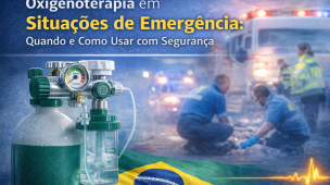 Imagem ilustrativa sobre oxigenoterapia em situações de emergência, com cilindro de oxigênio e equipe de socorro ao fundo, destacando quando e como usar oxigênio com segurança no atendimento pré-hospitalar no Brasil.