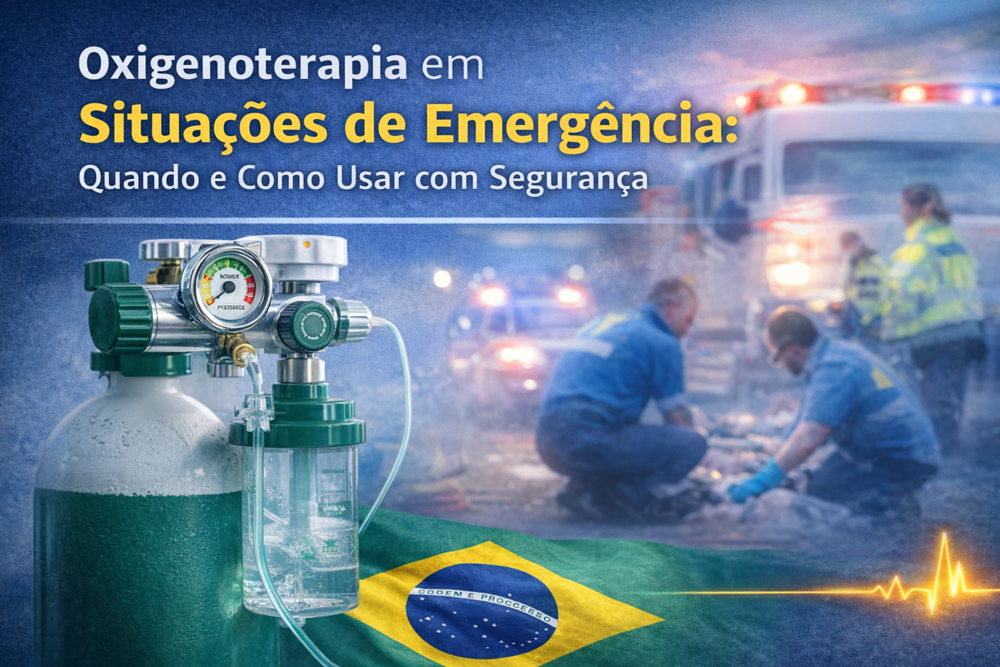 Imagem ilustrativa sobre oxigenoterapia em situações de emergência, com cilindro de oxigênio e equipe de socorro ao fundo, destacando quando e como usar oxigênio com segurança no atendimento pré-hospitalar no Brasil.