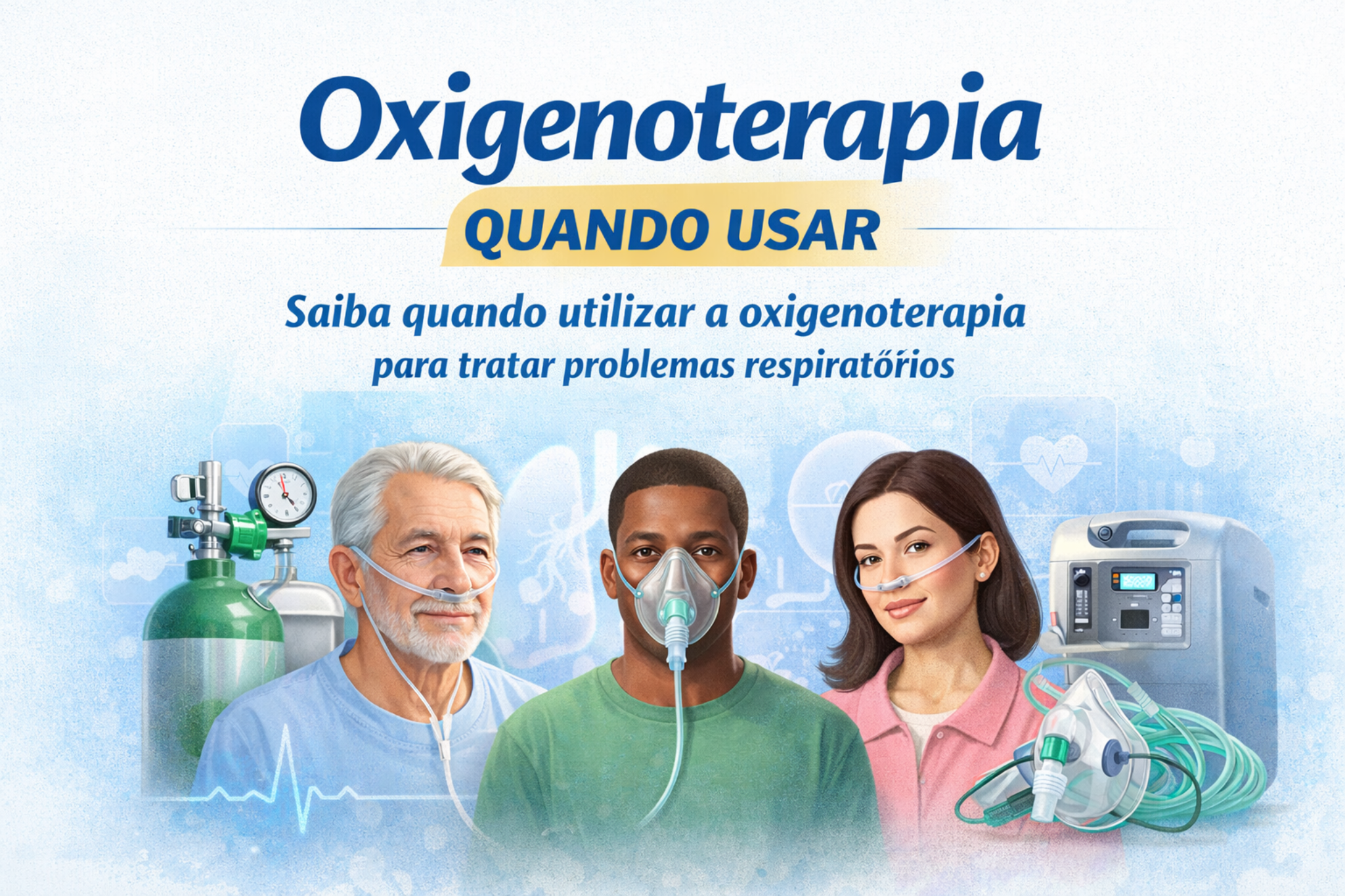 Imagem informativa sobre oxigenoterapia e quando usar no tratamento de problemas respiratórios. Mostra pacientes com máscara e cânula nasal, além de cilindro e concentrador de oxigênio para suporte respiratório.