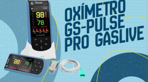 Imagem apresenta o oxímetro GS Pulse Pro Gaslive, monitor de saturação de oxigênio (SpO2) e frequência cardíaca. Equipamento indicado para hospitais, clínicas e monitoramento de sinais vitais.