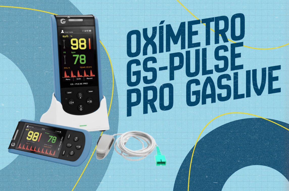 Imagem apresenta o oxímetro GS Pulse Pro Gaslive, monitor de saturação de oxigênio (SpO2) e frequência cardíaca. Equipamento indicado para hospitais, clínicas e monitoramento de sinais vitais.