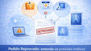 Ilustração com documento marcado como reprovado, ícones médicos e alertas digitais, representando motivos de pedido negado na área da saúde.