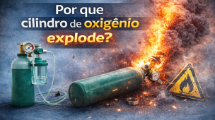 Imagem ilustrativa mostrando cilindro de oxigênio em chamas e alerta de inflamabilidade, explicando riscos de explosão por vazamento, alta pressão, contato com óleo ou fontes de calor. Conteúdo educativo sobre segurança no manuseio de oxigênio medicinal.
