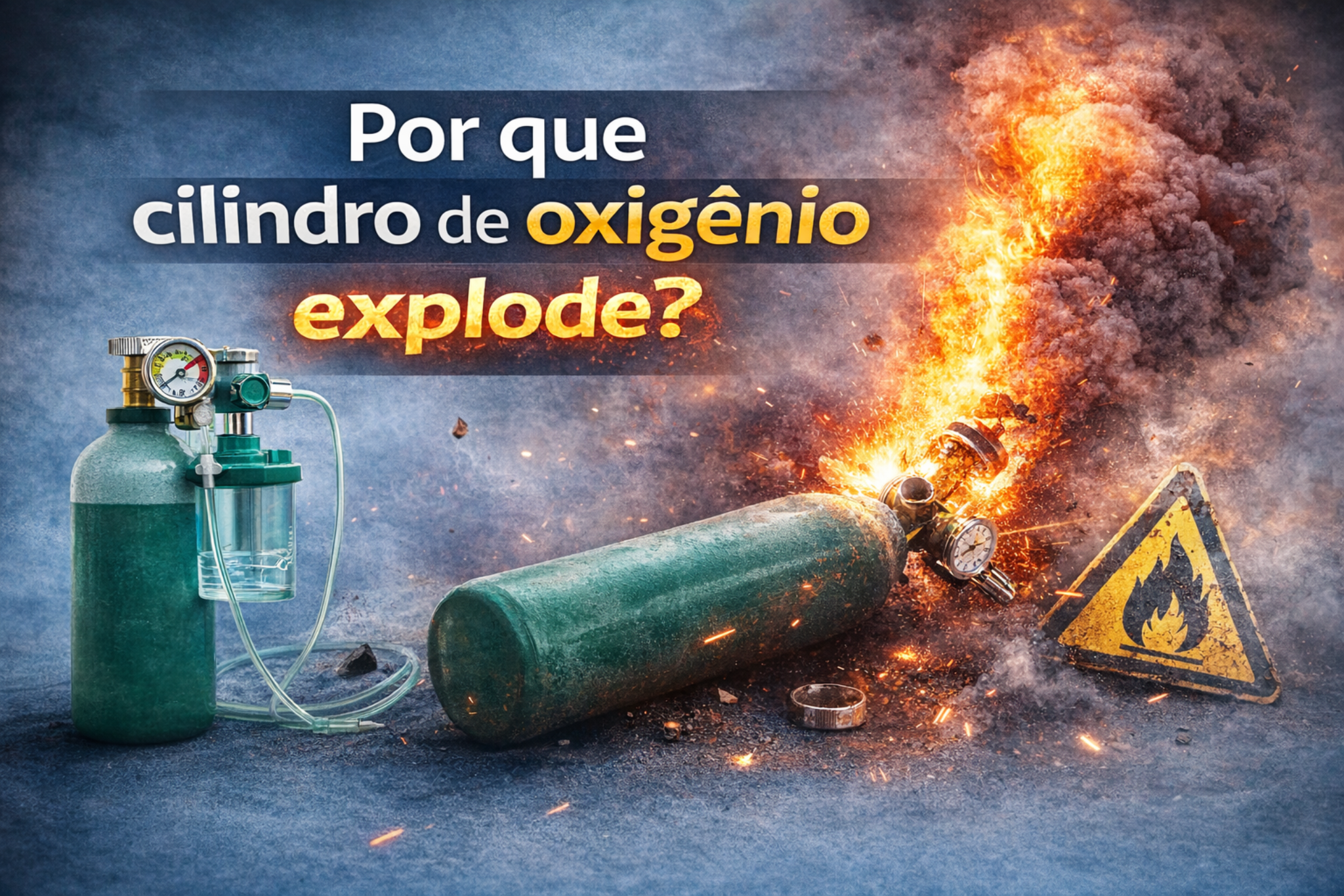 Imagem ilustrativa mostrando cilindro de oxigênio em chamas e alerta de inflamabilidade, explicando riscos de explosão por vazamento, alta pressão, contato com óleo ou fontes de calor. Conteúdo educativo sobre segurança no manuseio de oxigênio medicinal.