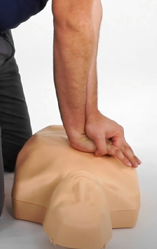 Imagem mostra o posicionamento correto das mãos para compressão torácica na ressuscitação cardiopulmonar (RCP) em adulto. Técnica fundamental de primeiros socorros para parada cardiorrespiratória e suporte básico de vida.