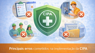 Ilustração da CIPA com escudo de segurança e ícones de erros comuns, como falta de treinamento e documentação desatualizada.