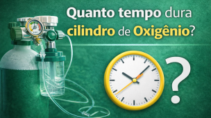 Imagem ilustrativa sobre autonomia de cilindro de oxigênio, destacando regulador, manômetro e relógio para representar o cálculo do tempo de duração conforme volume, pressão e fluxo utilizado no atendimento domiciliar ou hospitalar.