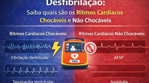 Infográfico sobre desfibrilação mostrando ritmos cardíacos chocáveis, como fibrilação ventricular e taquicardia ventricular, e não chocáveis, como AESP e assistolia, auxiliando na identificação correta durante parada cardiorrespiratória.