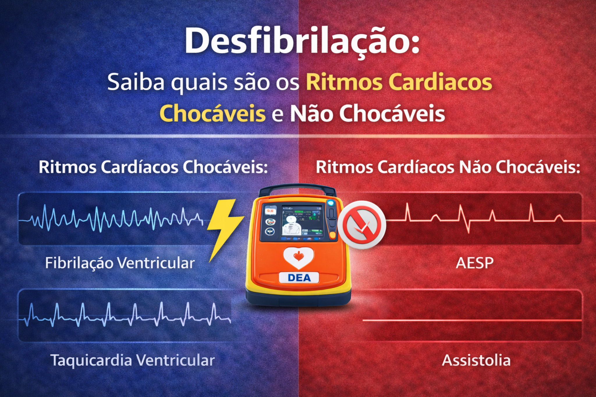 Infográfico sobre desfibrilação mostrando ritmos cardíacos chocáveis, como fibrilação ventricular e taquicardia ventricular, e não chocáveis, como AESP e assistolia, auxiliando na identificação correta durante parada cardiorrespiratória.
