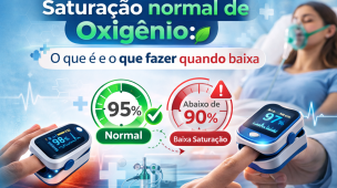 Infográfico sobre saturação normal de oxigênio (SpO2), destacando valores acima de 95% como adequados e abaixo de 90% como baixa saturação. A imagem orienta sobre monitoramento com oxímetro e cuidados quando os níveis estão reduzidos.