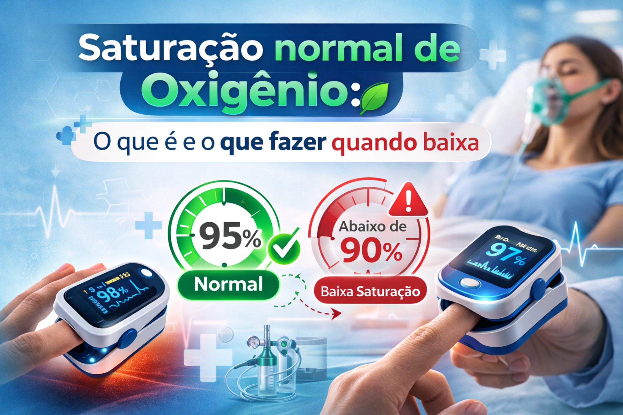 Infográfico sobre saturação normal de oxigênio (SpO2), destacando valores acima de 95% como adequados e abaixo de 90% como baixa saturação. A imagem orienta sobre monitoramento com oxímetro e cuidados quando os níveis estão reduzidos.