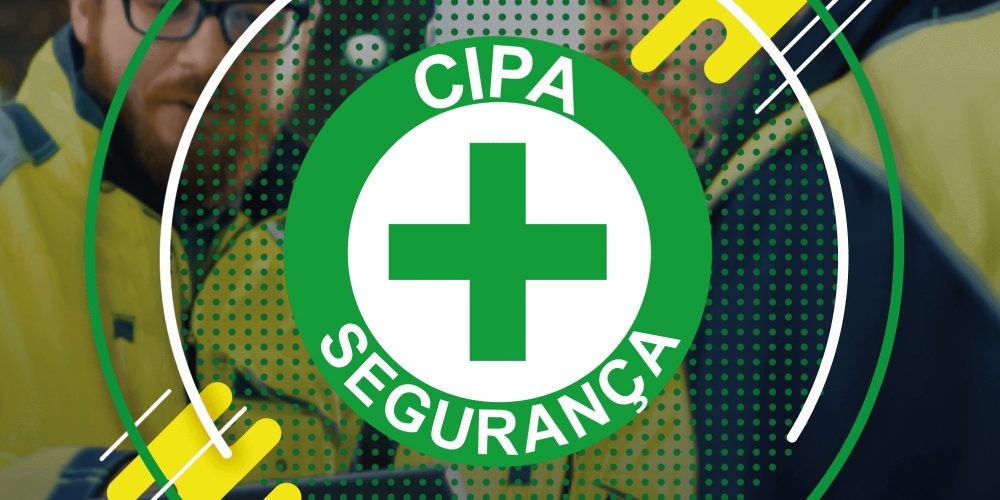 Símbolo da CIPA Segurança em destaque sobre fundo com trabalhadores usando EPIs, representando prevenção de acidentes e segurança no trabalho.