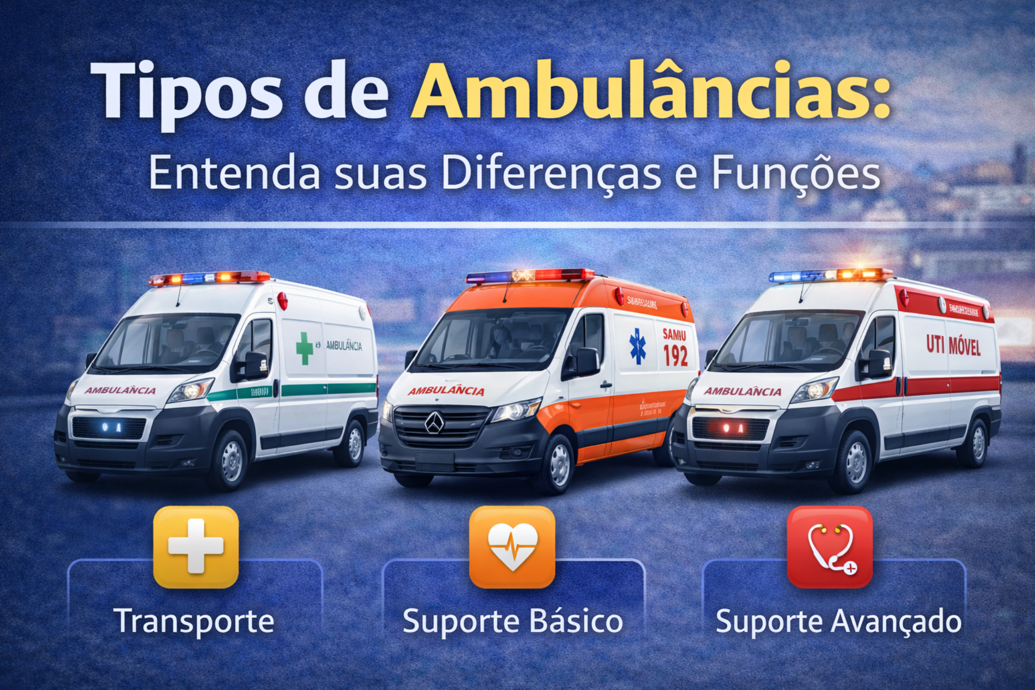 Imagem ilustrativa mostrando os tipos de ambulâncias: transporte simples, suporte básico (SAMU 192) e suporte avançado ou UTI móvel. Destaque para as diferenças de estrutura e função no atendimento pré-hospitalar.