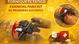 Imagem ilustrativa mostra aplicação de torniquete tático em braço com hemorragia, destacando sua importância no controle de sangramentos graves. Arte educativa sobre item essencial em kit de primeiros socorros e atendimento emergencial.