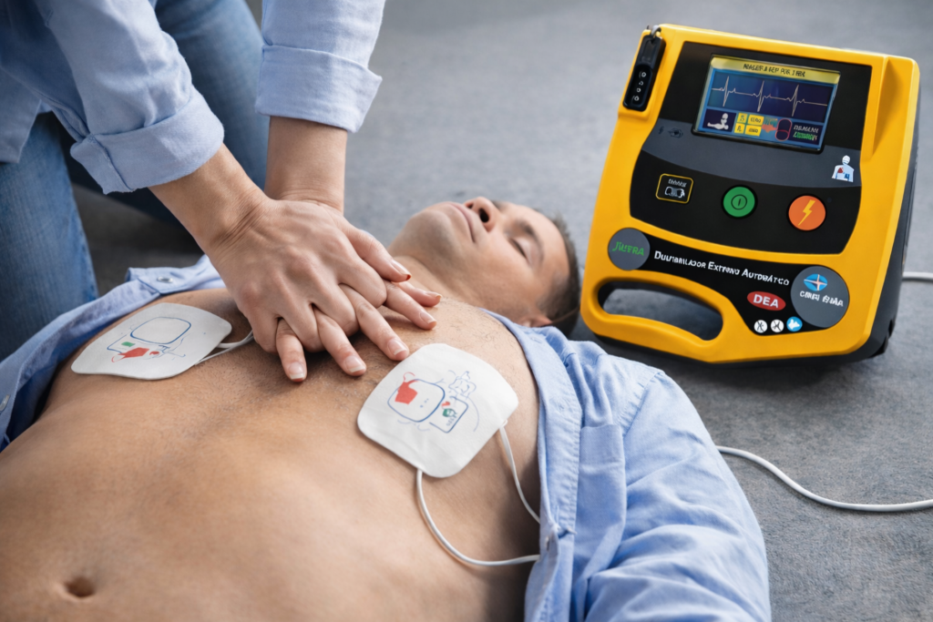 Atendimento de emergência com uso de DEA desfibrilador e realização de RCP em vítima de parada cardiorrespiratória. Equipamento com pás adesivas posicionadas corretamente para reanimação em ambiente externo.