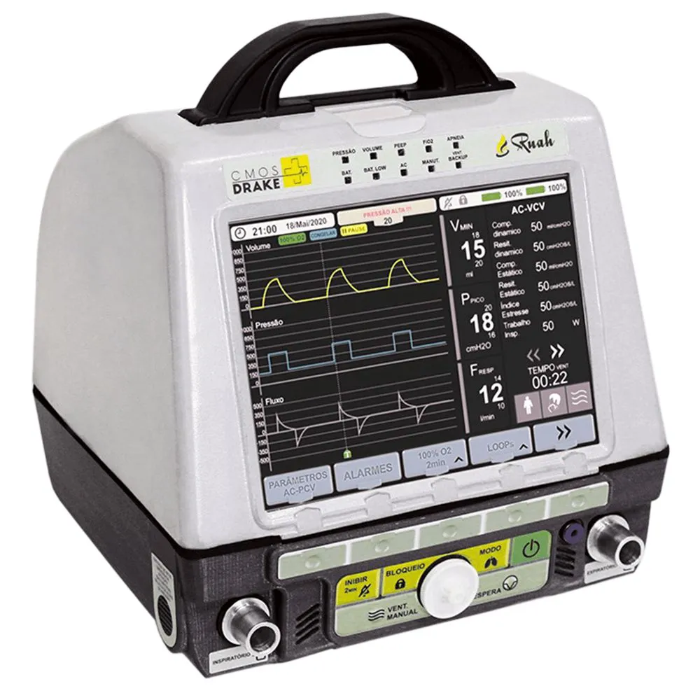 Ventilador pulmonar portátil CMOS Drake com tela digital exibindo curvas de volume, pressão e fluxo. Equipamento hospitalar utilizado para suporte ventilatório invasivo e não invasivo em pacientes adultos e pediátricos.