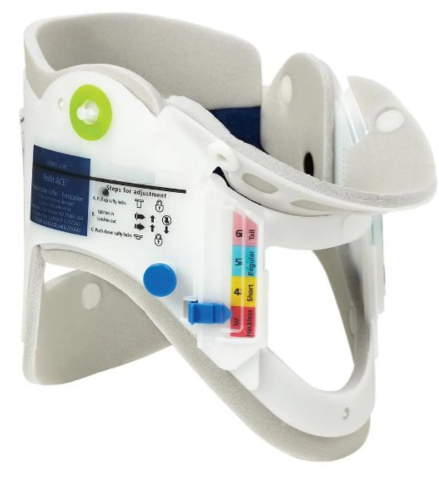 Colar cervical ajustável utilizado para imobilização da coluna cervical em casos de trauma ou suspeita de lesão no pescoço. Equipamento de primeiros socorros e atendimento pré-hospitalar, com ajuste de altura e suporte anatômico para estabilização segura do paciente.