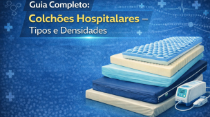 Imagem informativa apresentando diferentes tipos de colchões hospitalares empilhados, incluindo modelos de espuma, caixa de ovo e pneumático com compressor. O material ilustra um guia sobre tipos e densidades utilizados na prevenção de lesões por pressão.