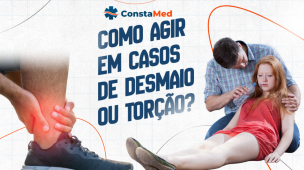 Arte informativa sobre primeiros socorros mostrando situações de desmaio e torção no tornozelo. A imagem apresenta uma pessoa sendo auxiliada após desmaiar e outra segurando o tornozelo com dor, ilustrando emergências comuns e a importância do atendimento imediato.