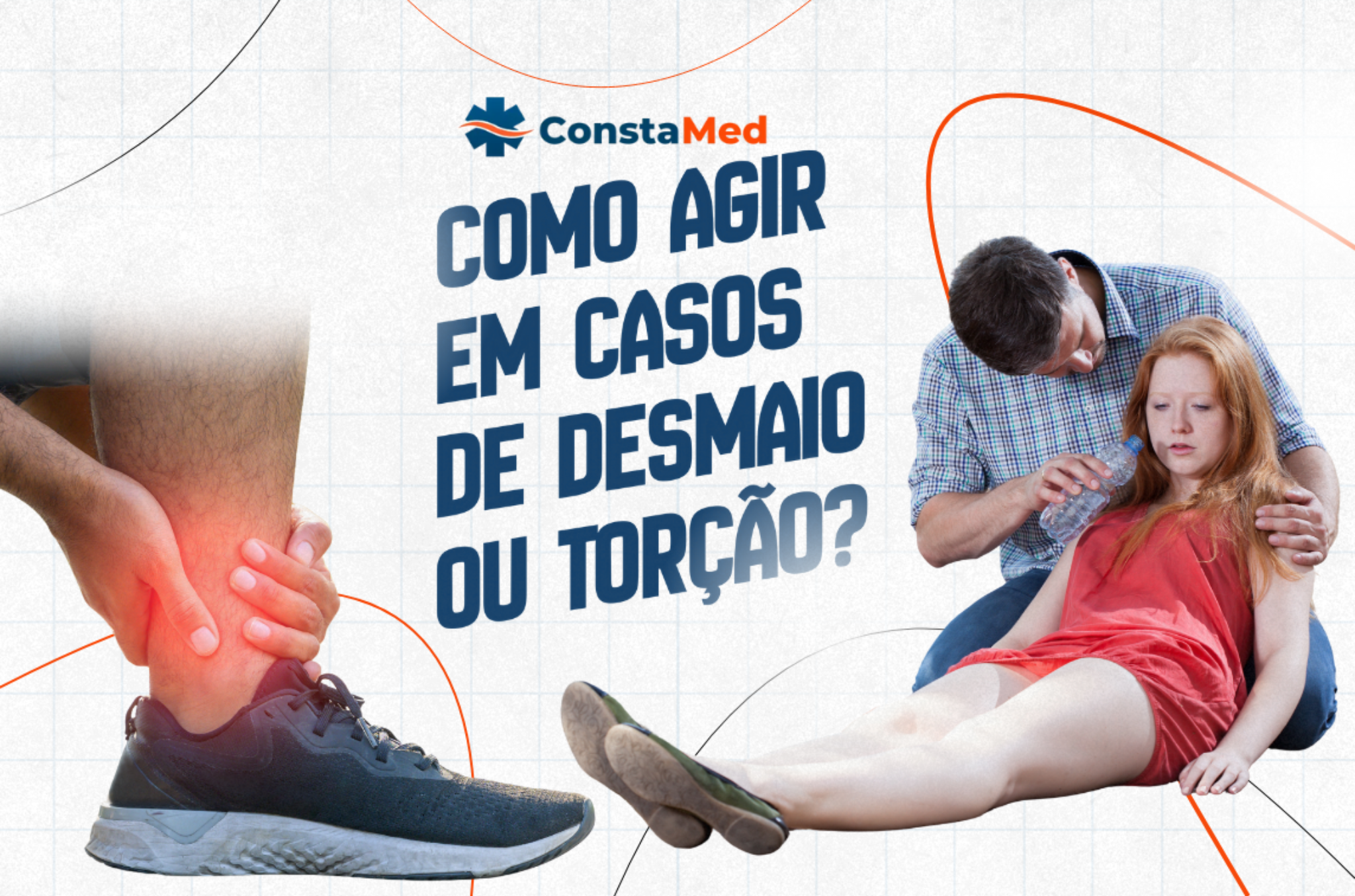 Arte informativa sobre primeiros socorros mostrando situações de desmaio e torção no tornozelo. A imagem apresenta uma pessoa sendo auxiliada após desmaiar e outra segurando o tornozelo com dor, ilustrando emergências comuns e a importância do atendimento imediato.