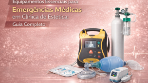 Arte ilustrando equipamentos essenciais para emergências médicas em clínica de estética, como desfibrilador externo automático (DEA), cilindro de oxigênio, ressuscitador manual e oxímetro, utilizados para atendimento imediato em situações críticas.