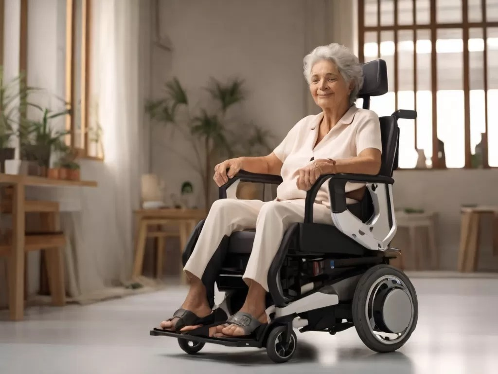 Idosa sentada em uma cadeira de rodas motorizada em um ambiente interno bem iluminado, com decoração moderna e plantas ao fundo. A mulher aparenta tranquilidade e autonomia enquanto utiliza o equipamento de mobilidade assistida.