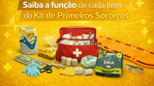 Imagem ilustrativa de um kit de primeiros socorros com diversos equipamentos de emergência, incluindo bolsa médica, desfibrilador externo automático (DEA), luvas, tesoura, talas, colar cervical, curativos e outros materiais utilizados em atendimentos de urgência.