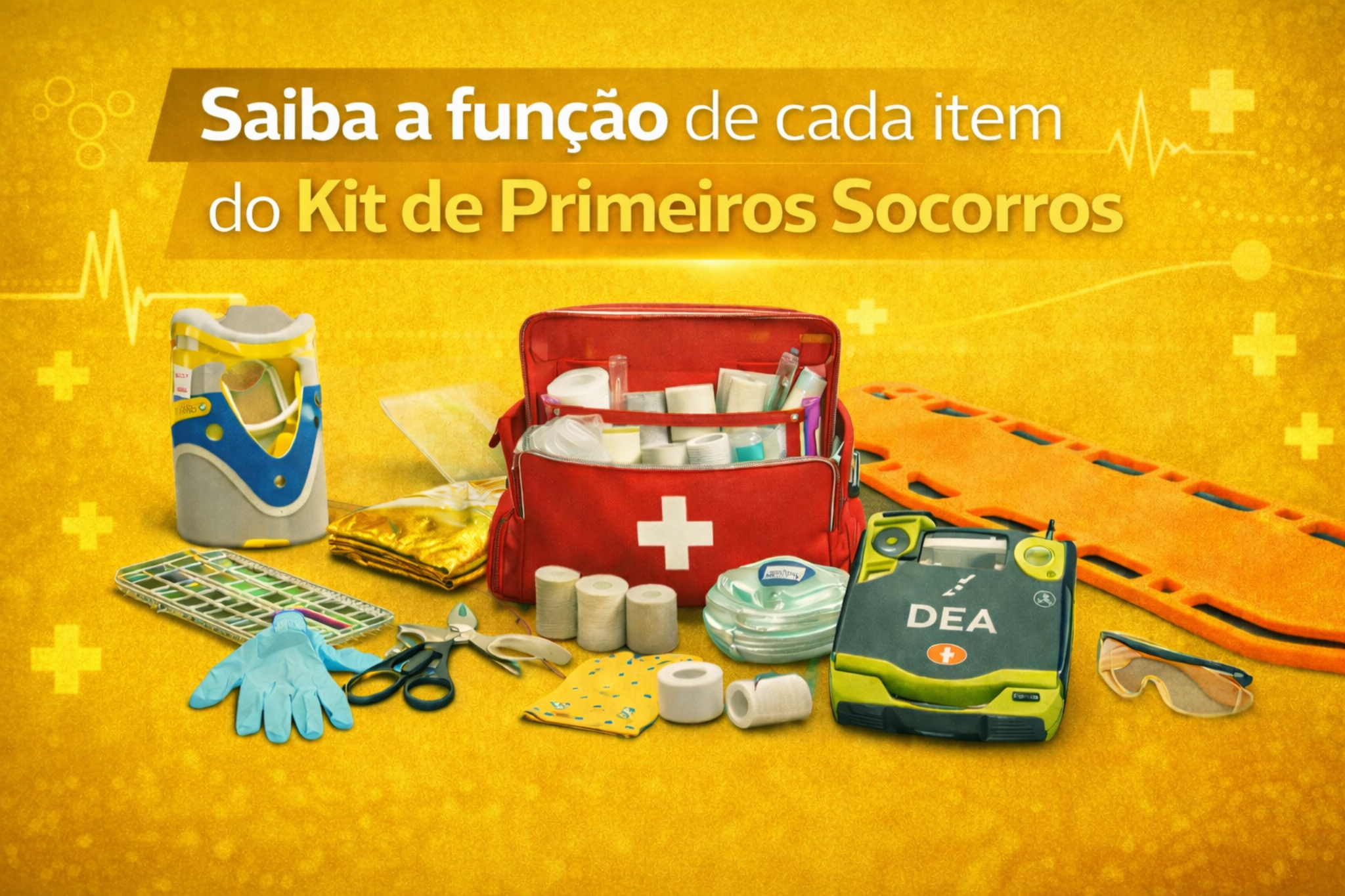 Imagem ilustrativa de um kit de primeiros socorros com diversos equipamentos de emergência, incluindo bolsa médica, desfibrilador externo automático (DEA), luvas, tesoura, talas, colar cervical, curativos e outros materiais utilizados em atendimentos de urgência.