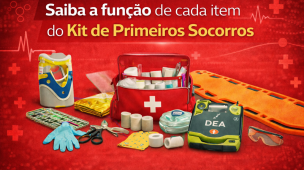 Imagem ilustrando os principais itens de um kit de primeiros socorros, como desfibrilador externo automático (DEA), prancha de resgate, colar cervical, luvas, tesoura, ataduras e manta térmica, utilizados no atendimento inicial de emergências.