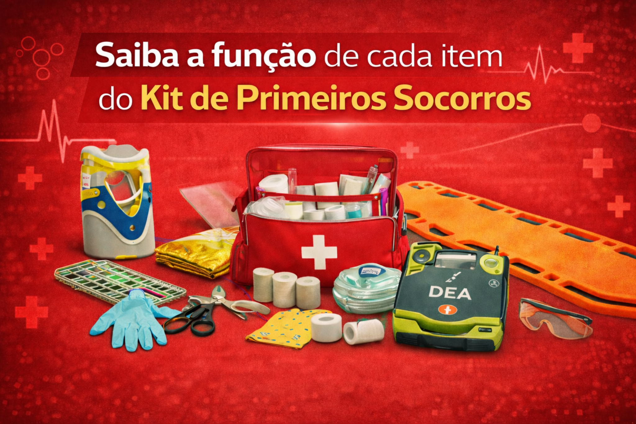 Imagem ilustrando os principais itens de um kit de primeiros socorros, como desfibrilador externo automático (DEA), prancha de resgate, colar cervical, luvas, tesoura, ataduras e manta térmica, utilizados no atendimento inicial de emergências.