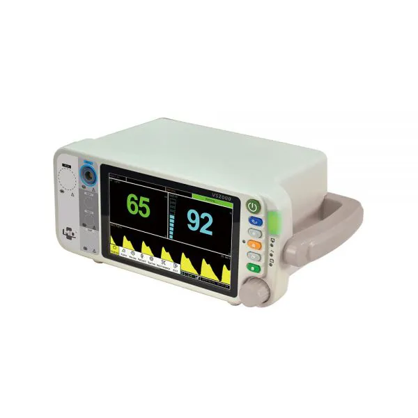 Oxímetro de mesa utilizado para acompanhar sinais vitais do paciente, exibindo dados como frequência cardíaca e saturação de oxigênio.