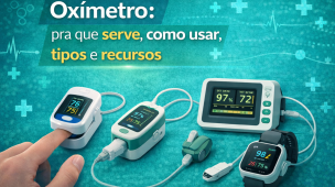 Imagem informativa sobre oxímetro mostrando diferentes modelos do equipamento, como oxímetro de dedo, portátil e monitor conectado. O destaque apresenta o tema sobre para que serve o oxímetro, como usar, seus tipos e recursos.