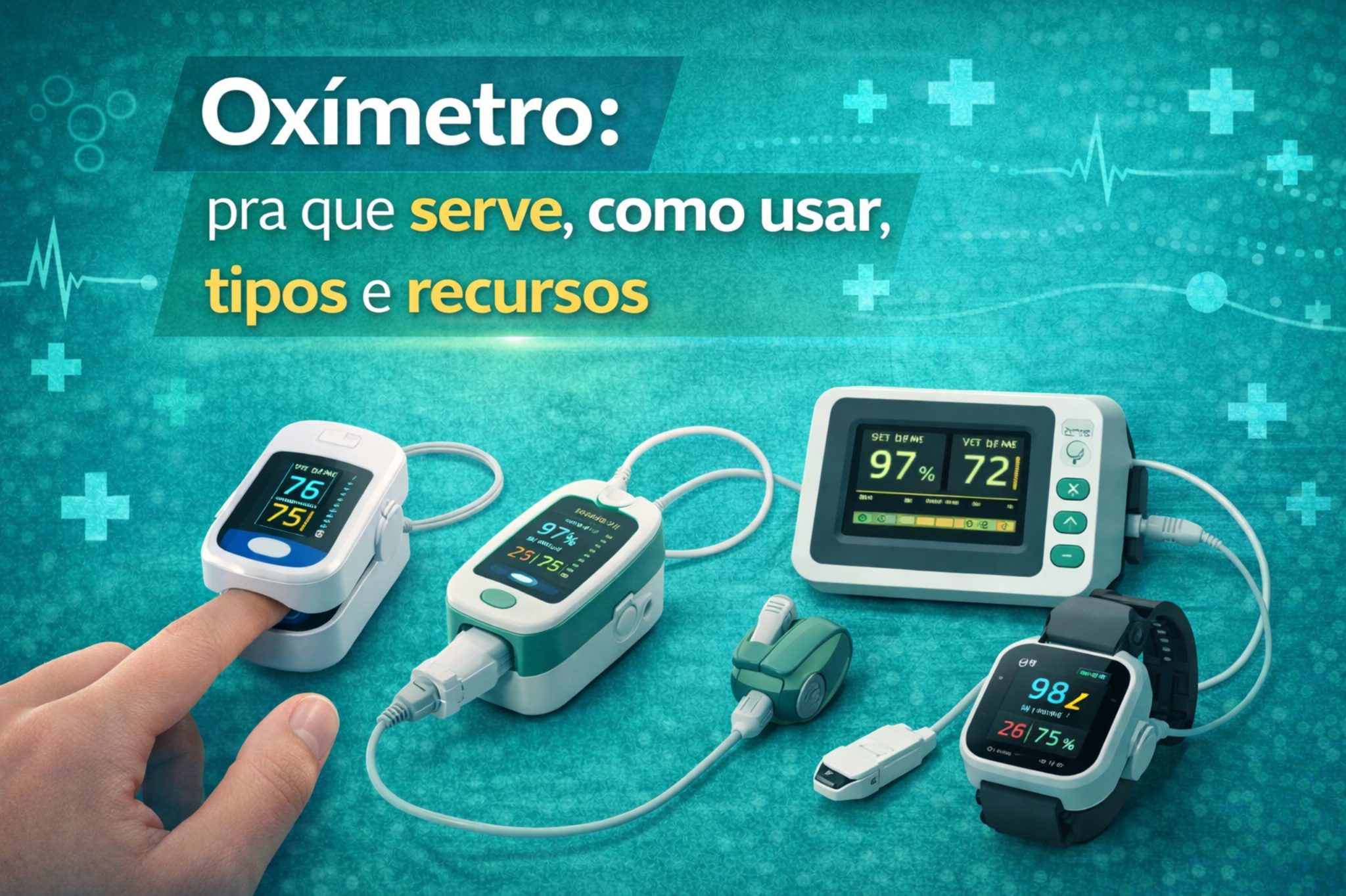 Imagem informativa sobre oxímetro mostrando diferentes modelos do equipamento, como oxímetro de dedo, portátil e monitor conectado. O destaque apresenta o tema sobre para que serve o oxímetro, como usar, seus tipos e recursos.