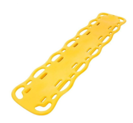 Prancha rígida de resgate utilizada para imobilização e transporte seguro de vítimas em atendimentos de emergência. Equipamento essencial no atendimento pré-hospitalar, permitindo fixação com cintos e estabilização da coluna durante o resgate.