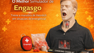 Simulador de engasgo utilizado em treinamentos de primeiros socorros para praticar a manobra de Heimlich. O manequim permite simular obstrução das vias aéreas e treinar a técnica correta de desengasgo em situações de emergência.
