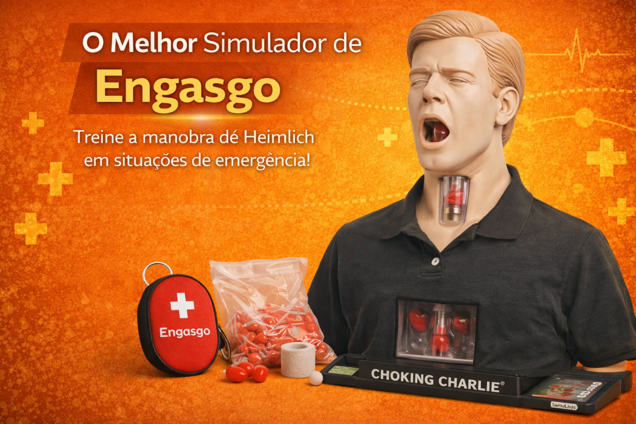 Simulador de engasgo utilizado em treinamentos de primeiros socorros para praticar a manobra de Heimlich. O manequim permite simular obstrução das vias aéreas e treinar a técnica correta de desengasgo em situações de emergência.