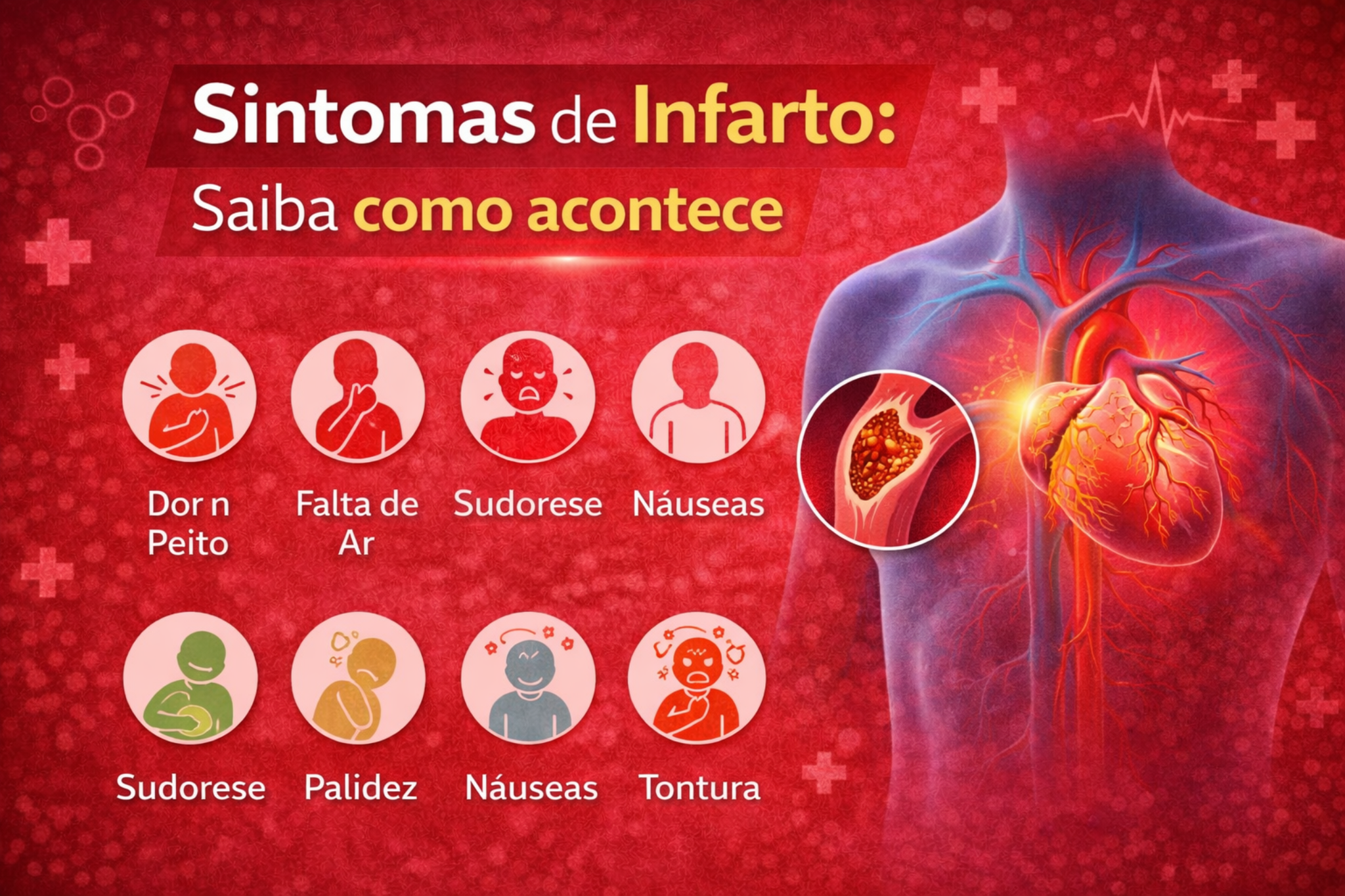 Infográfico sobre sintomas de infarto mostrando sinais como dor no peito, falta de ar, sudorese, náuseas, palidez e tontura. A imagem também apresenta uma ilustração do coração e de uma artéria obstruída, explicando como ocorre o infarto.