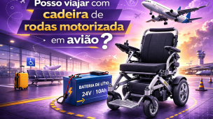 Ilustração de cadeira de rodas motorizada em ambiente de aeroporto com avião ao fundo e bateria de lítio ao lado. A imagem aborda a possibilidade de viajar de avião com cadeira de rodas elétrica e as regras relacionadas ao transporte de baterias.