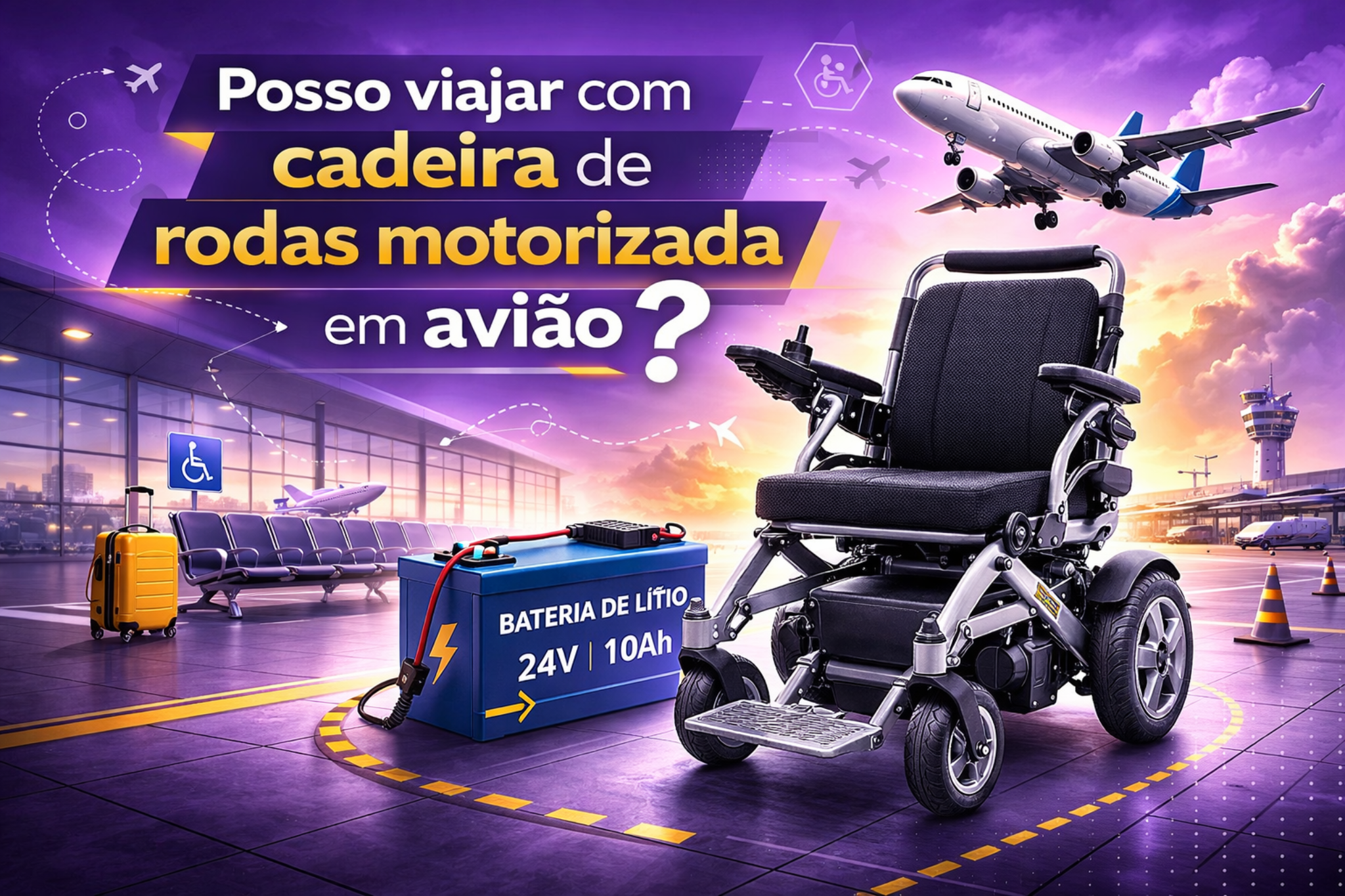 Ilustração de cadeira de rodas motorizada em ambiente de aeroporto com avião ao fundo e bateria de lítio ao lado. A imagem aborda a possibilidade de viajar de avião com cadeira de rodas elétrica e as regras relacionadas ao transporte de baterias.