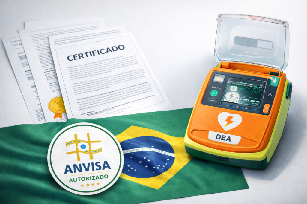 Imagem ilustrativa de DEA desfibrilador com certificado e selo ANVISA autorizado sobre a bandeira do Brasil, representando as exigências regulatórias e certificação sanitária para comercialização de equipamentos médicos no país.