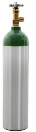 Imagem de cilindro de oxigênio medicinal em alumínio, utilizado para oxigenoterapia em hospitais, ambulâncias e atendimento domiciliar. Equipamento pressurizado essencial no suporte respiratório e em situações de emergência.